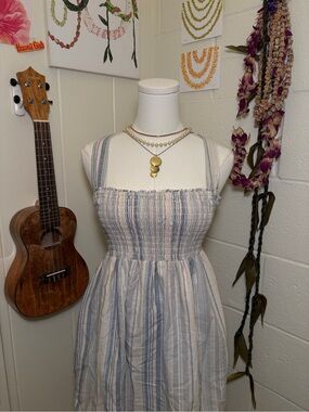Sleeveless Blue & White Striped Smocked Sundress